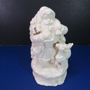 Santa and reindeer porcelain MUSIC BOX white and gold 9" tall
